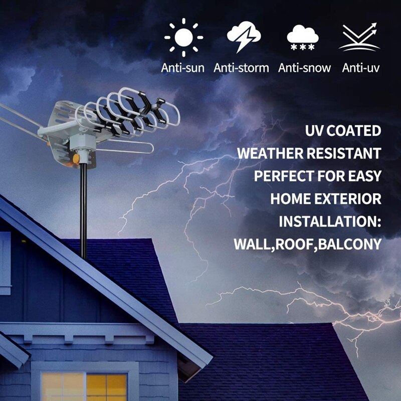 Digitale Outdoor Amplified Hd Tv Antenne, Ondersteuning 4K 1080P En 2 Tvs Met Coax Kabel, adapter, Montage Pole Us Plug