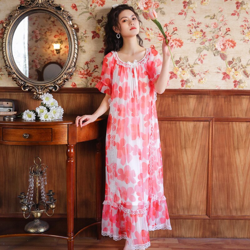 Short Sleeve Nightdress Women&#39;s Summer Palace Style Princess Mesh Lace Printing Long Outdoor Home Wear Pajamas Spring: XL