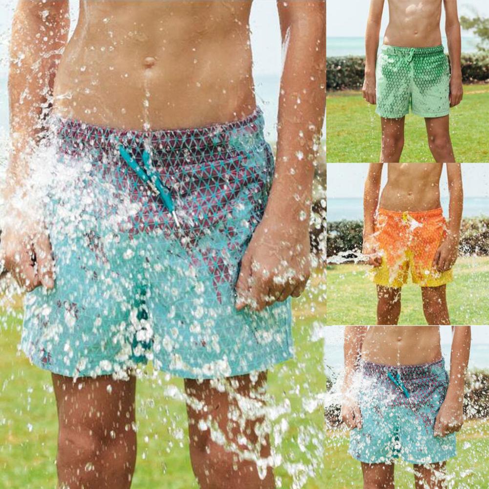 Boys Drawstring Color Changing Elastic Beach Shorts Swimming Trunks Beach Pant Quick Dry Change Color Summer Swimming Shorts