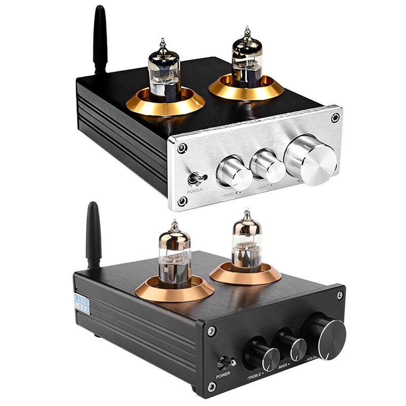 Buffer-amplificador estéreo con Bluetooth 4,2, preamplificador de tubo, HiFi 6J5, ajuste de tono de graves triples (Plata)