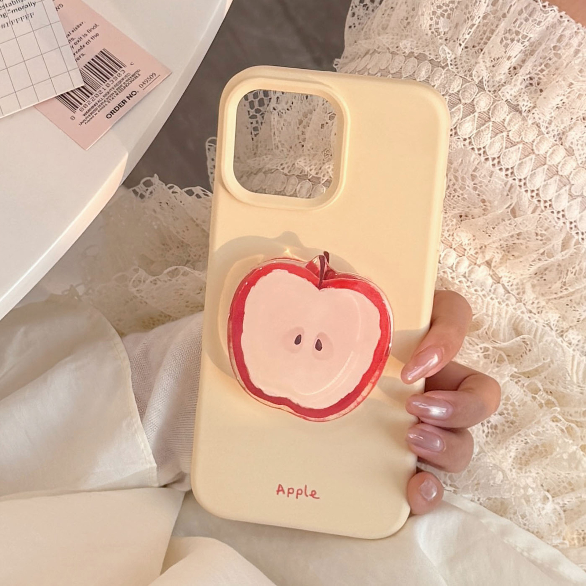 Korean Red Apple Graffiti With Stand Holder Lanyard Phone Case for iPhone 16 15 14 13 12 Pro Max Soft Silicone Shockproof Cover