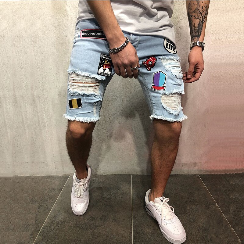 Kenntrice Casual Summer Men Jeans Vintage Slim Fit High Elastic Men Ripped Jeans short pantalon Knee Length Pants Denim Shorts