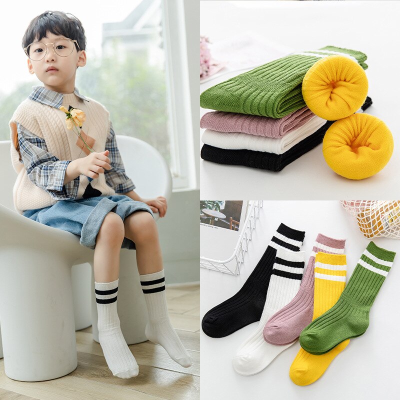 Lente En Herfst Kinderen Sokken College Stijl Twee-Bar Jongens En Meisjes Baby Groen Roze Geel sport Sokken 1-9T