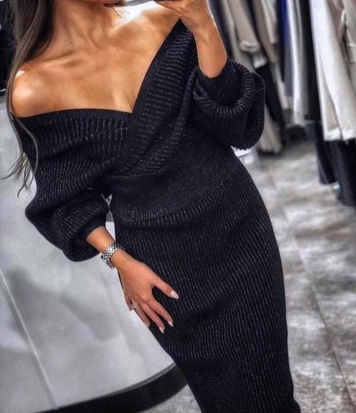V-neck Knitting Sweater Women Set 2 Piece Pullovers Skirt Outfits For Women Suit Casual Shoulder Off Top Pack Hip Women Set
