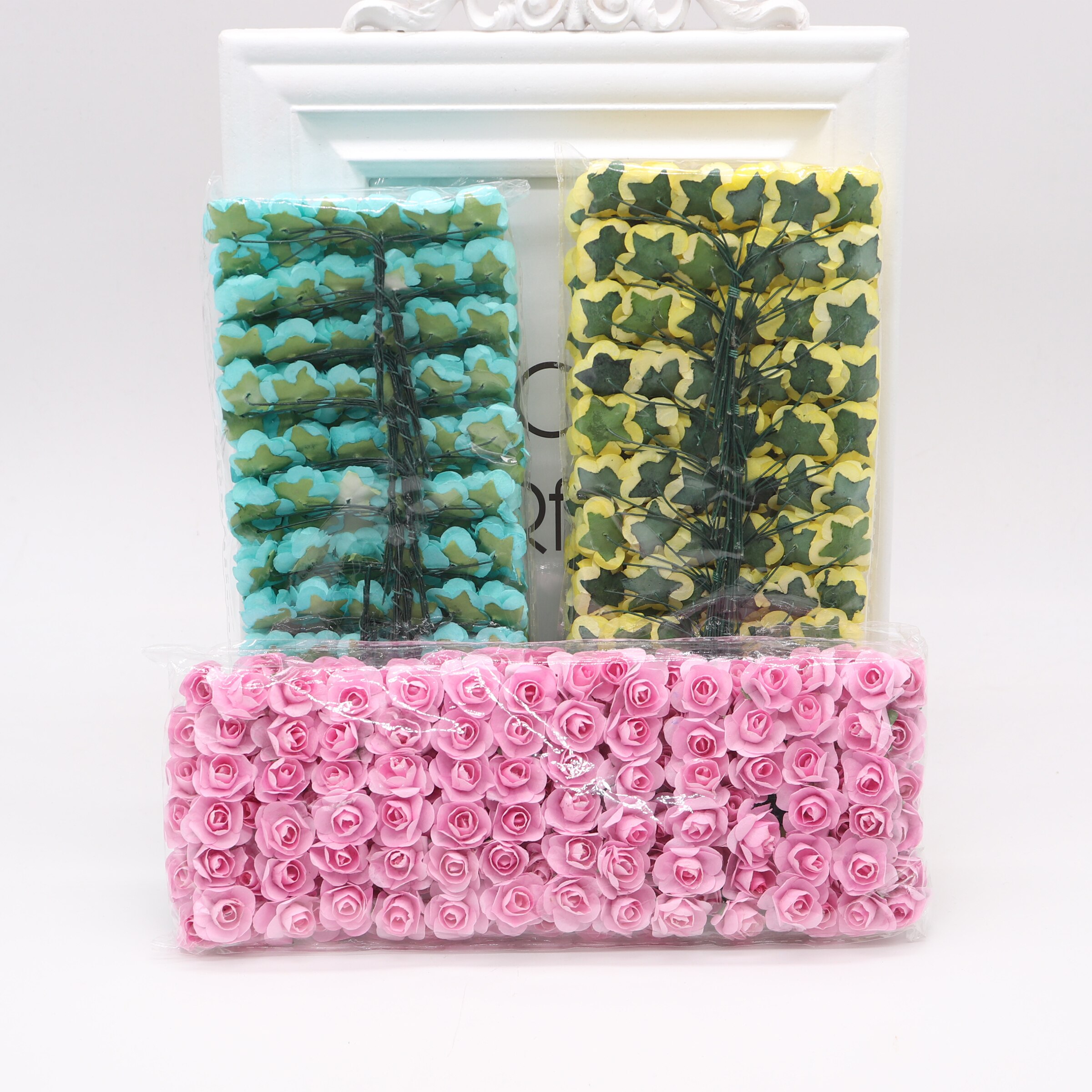 144pcs 1.5cm Mini Artificial Mini Paper Rose Bouquet DIY Wreath Scrapbook Wedding Ornament Artificial Rose Artificial Flower