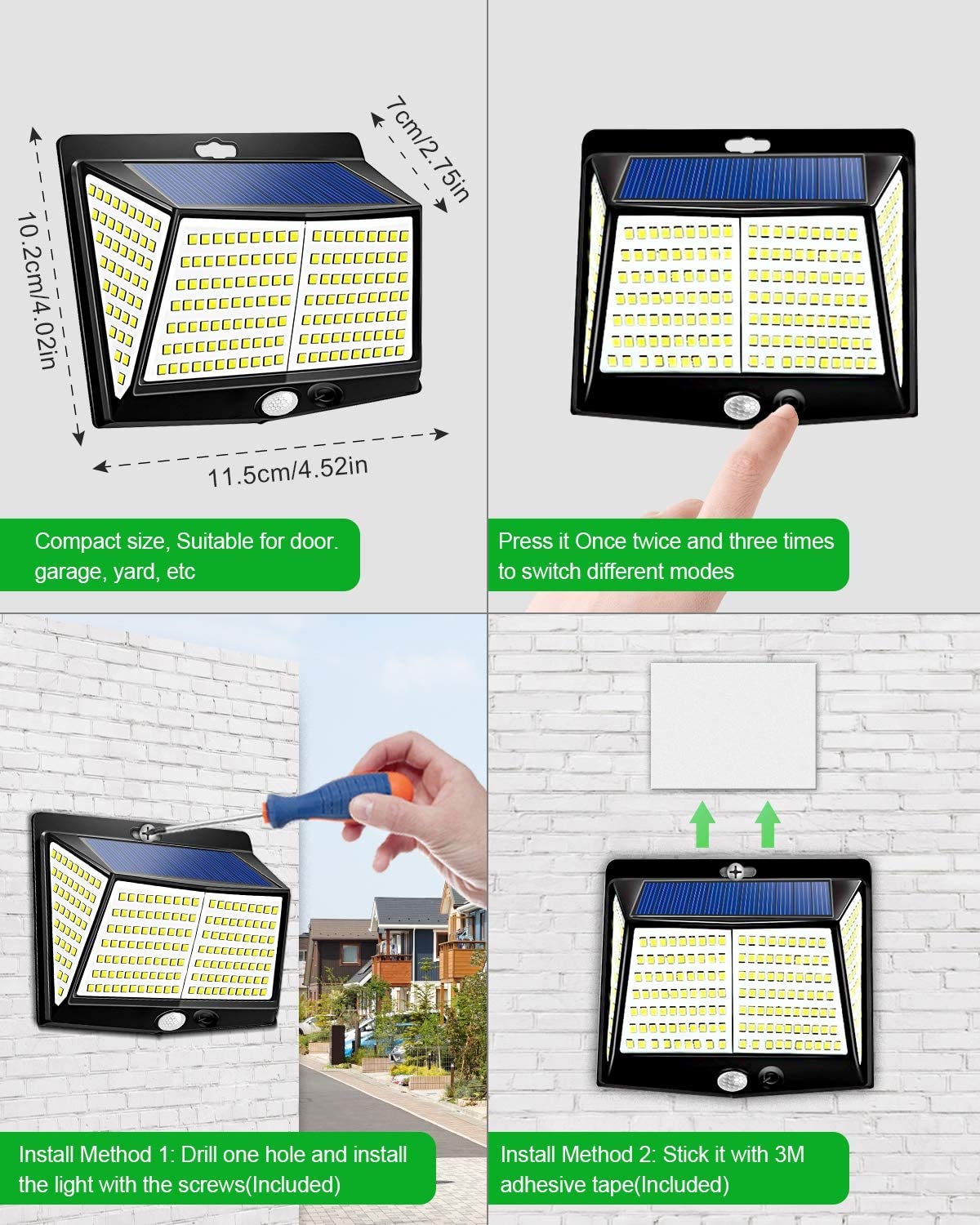 Claoner Solar Security Lights Outdoor 228led Motion Sensor Wall Lamps For Front Door, Backyard, Garage