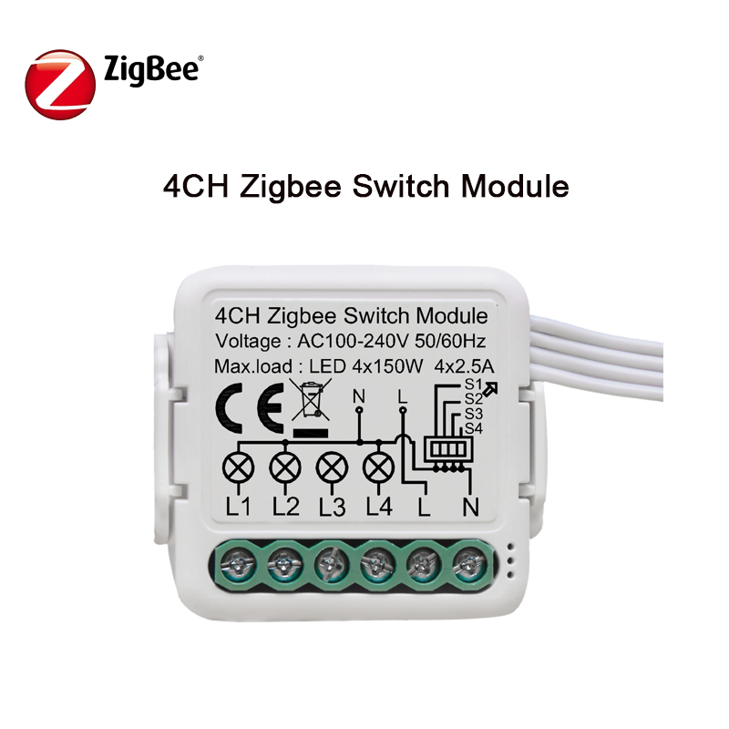 Tuya Zigbee Smart Light Switch Module,1/2/3/4 Gang Automation DIY Breaker 2 Ways Control Work with Alexa Google Home: 4CH 1pcs