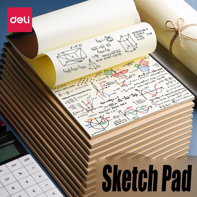 Deli Sketch Pad Draft Paper Beige Notebook for Drawing Kraft Cover Blank Eye Protection Paper Watercolor Painting 40 sheets 16K