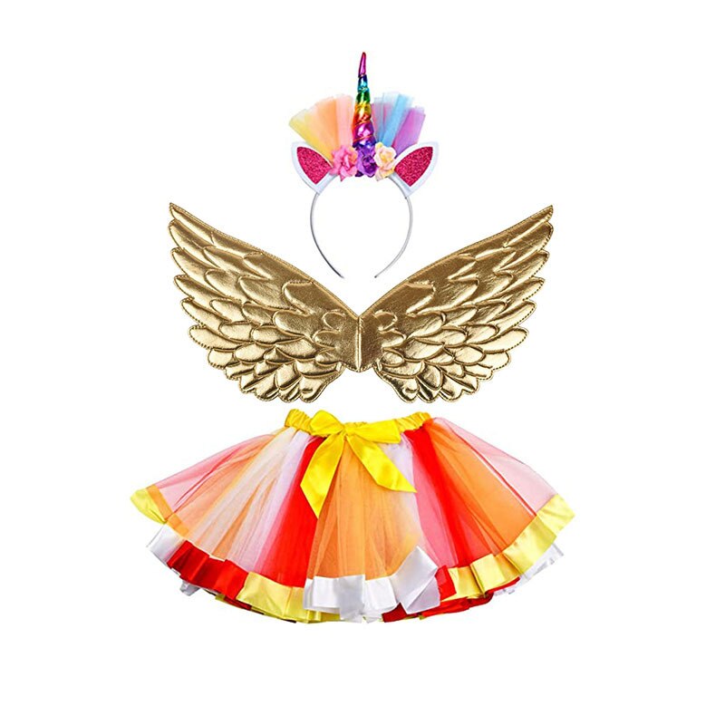 3pcs Rainbow Cute Kids Dress Up Princess Angel Wing Bling Unicorn Tutu Skirt Suit: Yellow