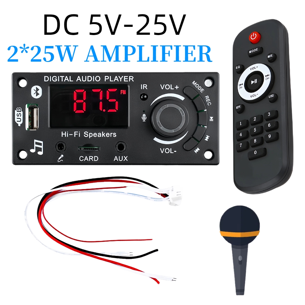 Wzmacniacz 100W Bluetooth 5.0 DIY Dekoder MP3 WAV Płytka DC 12V 50W Bezprzewodowy samochodowy odtwarzacz USB MP3 Gniazdo karty TF USB FM z mikrofonem 3,5 mm