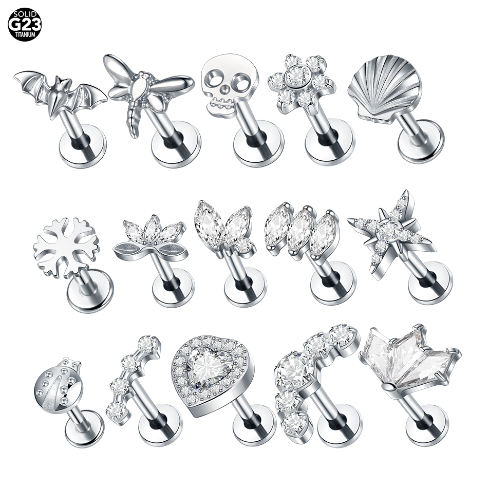 1 pieza de Piercings de titanio para las orejas, Cráneo, murciélago, mariquita, pendiente con forma de corazón, Labret, labio, cartílago, Tragus, hélice, joyería para el cuerpo