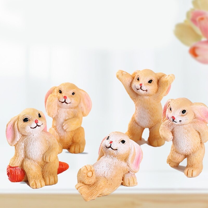 5PCS Toy Figure Miniature Rabbit Sculpture State for Play House Aquarium Dollhouse Accessory Fairy Garden Potted Decors