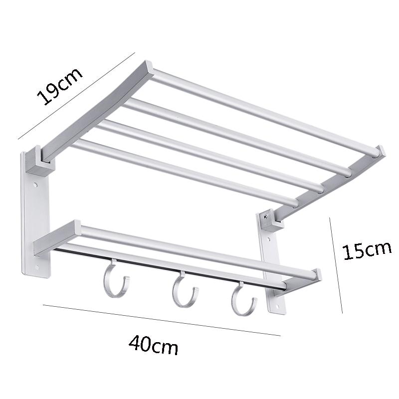 Badkamer Handdoek Rekken Opvouwbare Dubbele Handdoekenrek Wall Mounted Space Aluminium Handdoek Plank Met Haken Bad Rails Bars 40x19x15cm