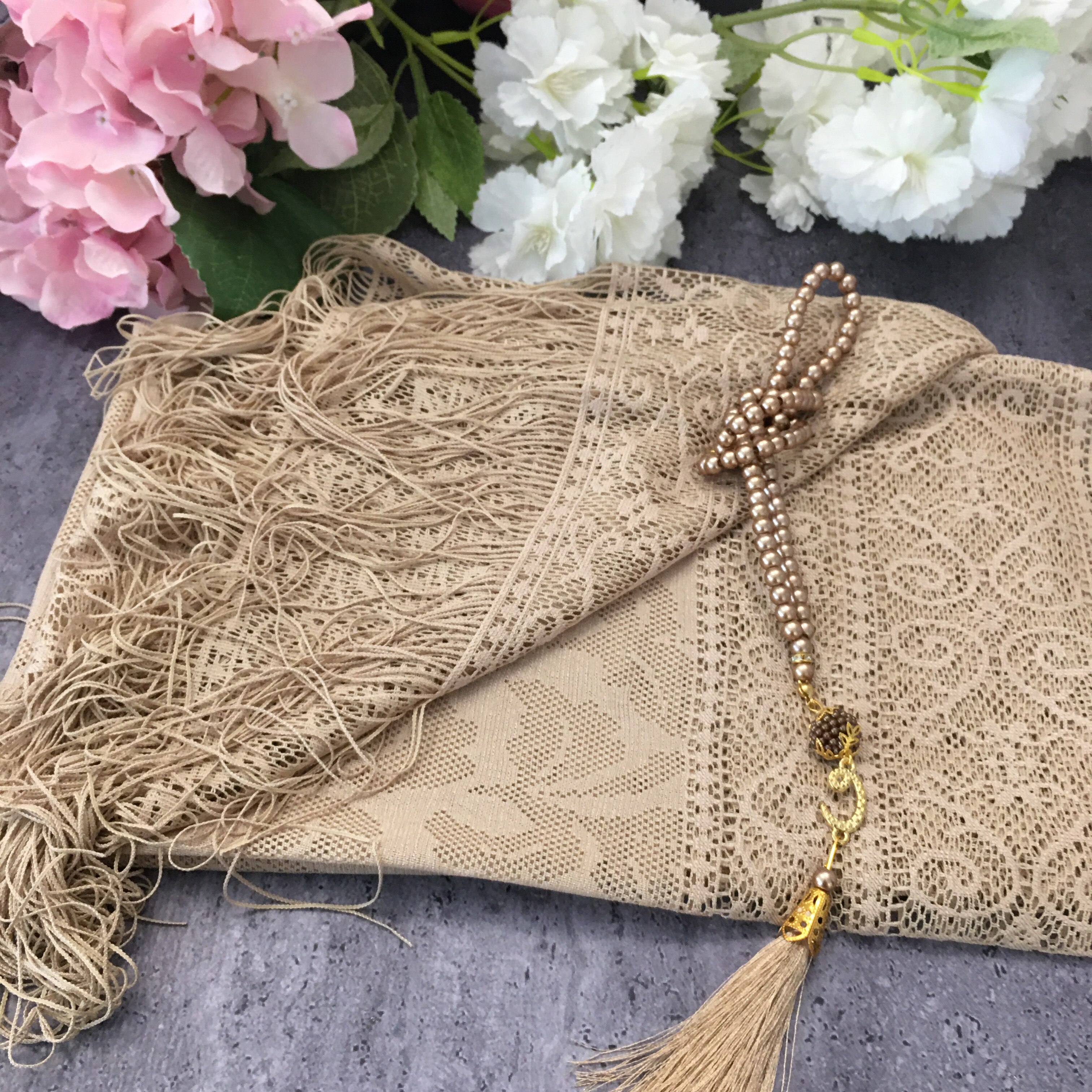 beige sjal tasbeeh sett, sjal islamsk muslim, sjal til kvinne, islamsk til mamma, eid, muslim