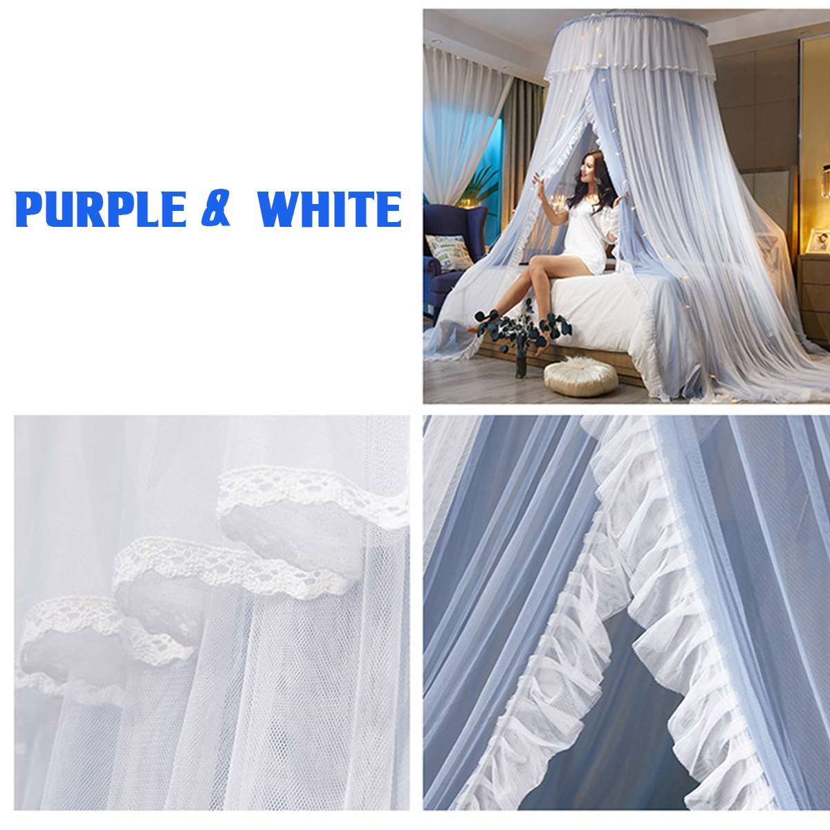 Luxury Double Layer Bed Canopy Mosquito Net Full Queen King Size Netting Bed Pink Purple White Round Princess Mosquito Net