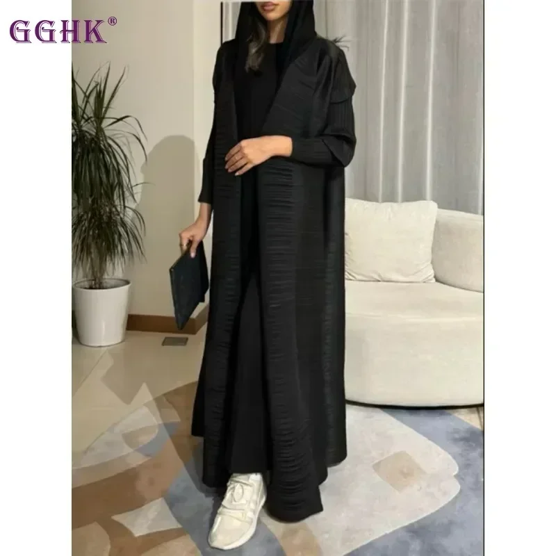 Gghk plisseret kvinders luksuriøse trenchcoat ensfarvet revers langærmet cardigan vintage løs stor størrelse arabisk abaya til kvinder