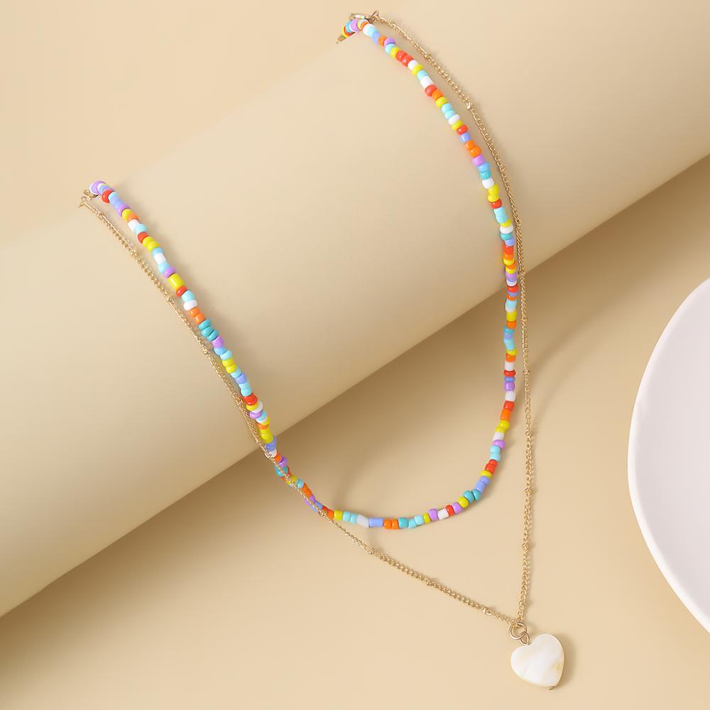 Boho Regenbogen Samen Korn Kette Halskette Sommer Strand Punk mehrschichtig Harz Weiß Farbe Liebe Herz Anhänger Halsband für Frauen Schmuck