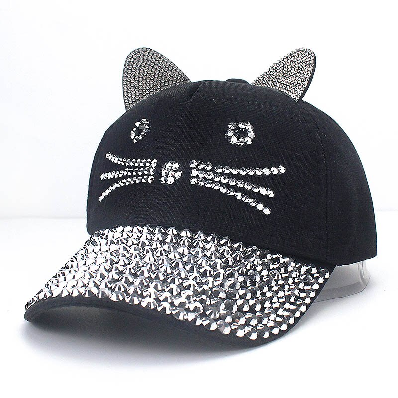 Gorra de béisbol ajustable con orejas de gato para niños, gorro con diamantes de imitación, perlas, ajustable, para primavera y verano: H