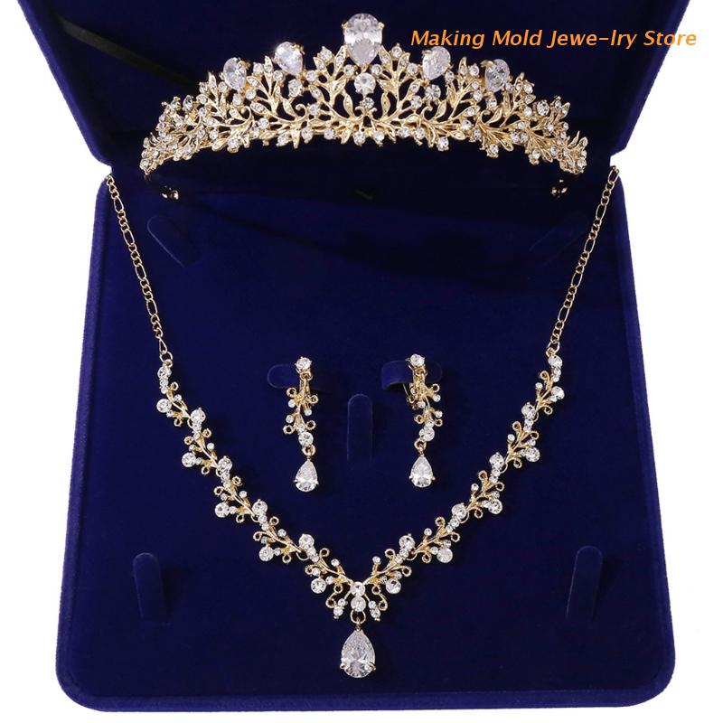 Bruids Sieraden Set Bruid Crystal Zirkoon Tiara Oorbellen Ketting Sets Voor Bruiloft Prom Party Match Met Trouwjurk R7RF: gold