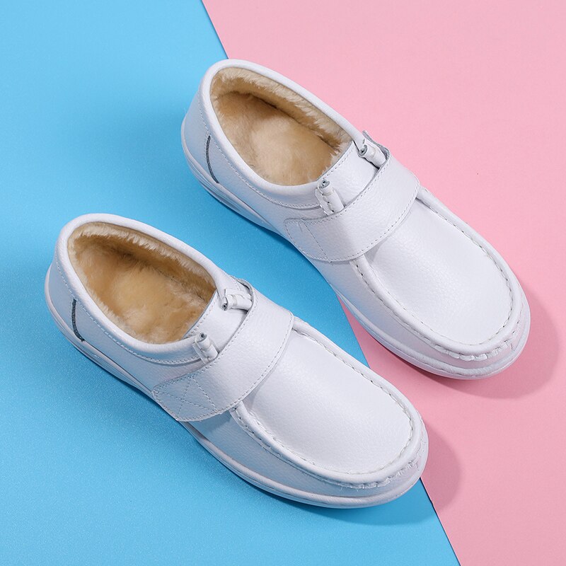 Coussin d'air hiver infirmières chaussures confortables femmes baskets médecin cuir supérieur femmes chaussures plates épais velours marche chaussures 39 40