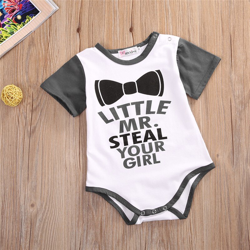 Funny Letter Print Infant Baby Kids Clothing Cotton Bodysuits Short Sleeve Jumpsuit Baby Boys Girls Gray Clothes Outfit