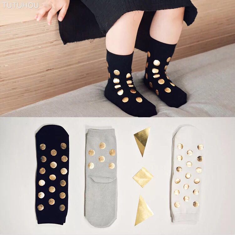 Kid 'S Peuter Chic Gold Stempelen Dots Sokken Voor Jongens Meisjes Gouden Stip Printing Sokken Kinderen Korte Sok Sox voor 1-8Y