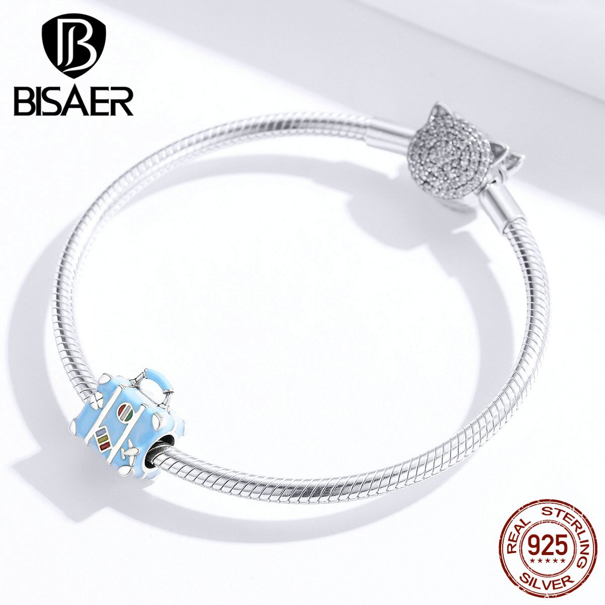 Travel Charms BISAER 925 Sterling Silver Travel Suitcase Box Beads Blue Charms fit Women Bracelets Jewelry ECC1377