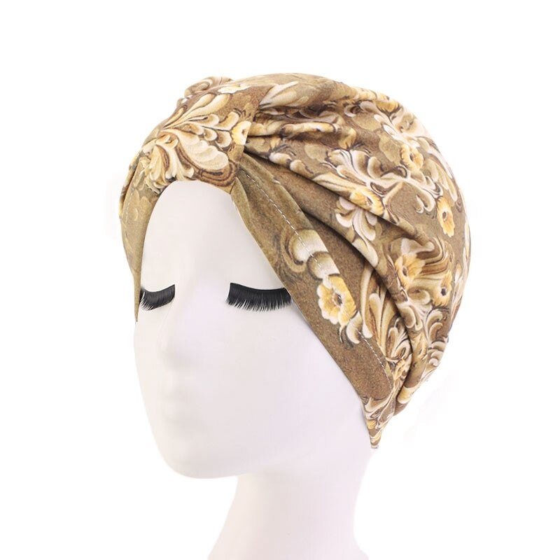 Moslim hoofddeksel tulband bedrukte katoenen hoofdband pet elastische knoop dames chemotherapie hoed afrikaanse kap verlies haarbedekking: Kurkuma