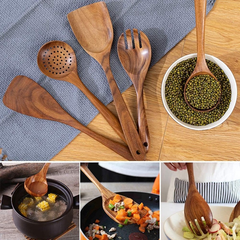 Kjøkkenutstyr av tre til kjøkken, med oppbevaringsbøtte, for matlagingsverktøy for nonstick kokekar, naturlig teak tre ,6 stk