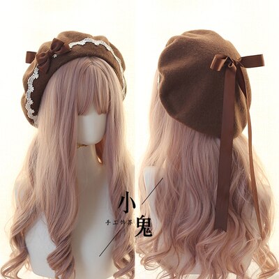 Søt jente lolita kjole tilbehør rosa kawaii bowknot beret søt blonder lett matchende høst vinter loli lue: 6