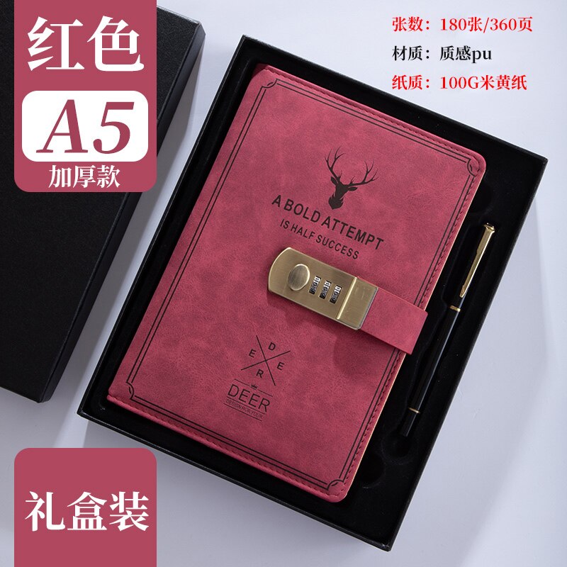 Diary Super Thick Notes Password Lock Journal Business Office School Supplies Sketch Stationery Notebook Daily Work Page Notepad: Red Notebook C
