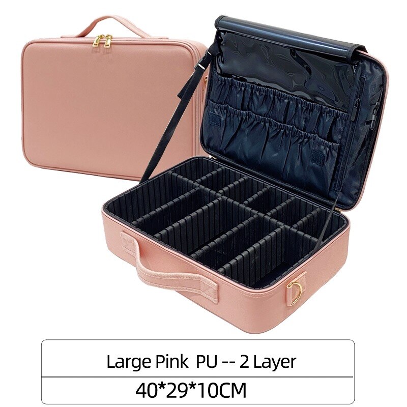 Leather Clapboard Cosmetic Bag Make Up Box Large Capacity Storage Handbag Travel Insert Toiletry Makeup suitcase: Large Pink PU 2layer