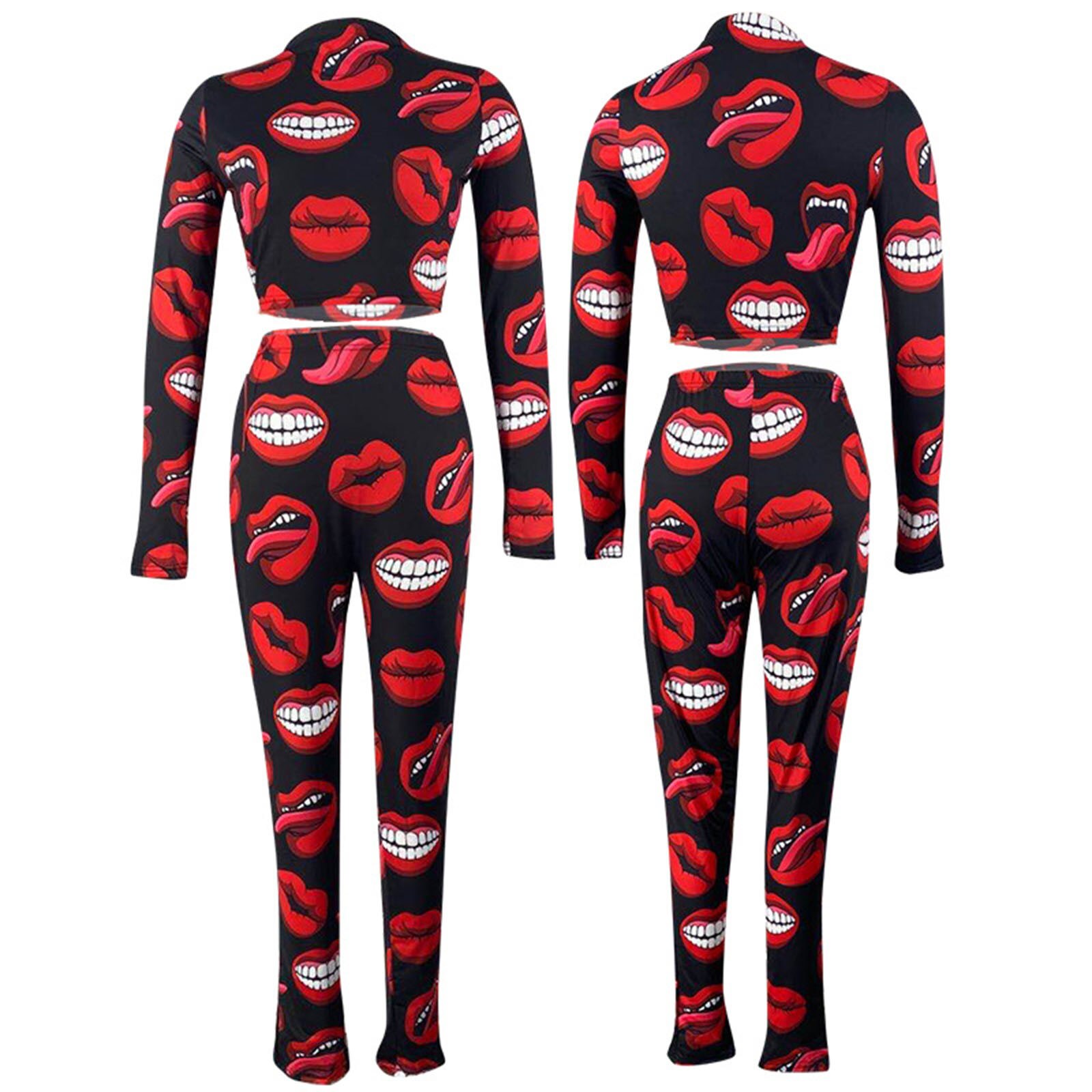 40# Full Lips Print Tracksuit Ladies Two Piece Set Women Sexy Suit Set Top Pants Sports Jogging Suit Outfits Pant Sets