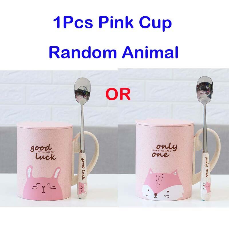 Tazas de bambú para bebé, vasos bonitos de 450ML para alimentación, con asa, cuchara, Material seguro para la Naturaleza, vasos de leche para niños: Pink Random Animal