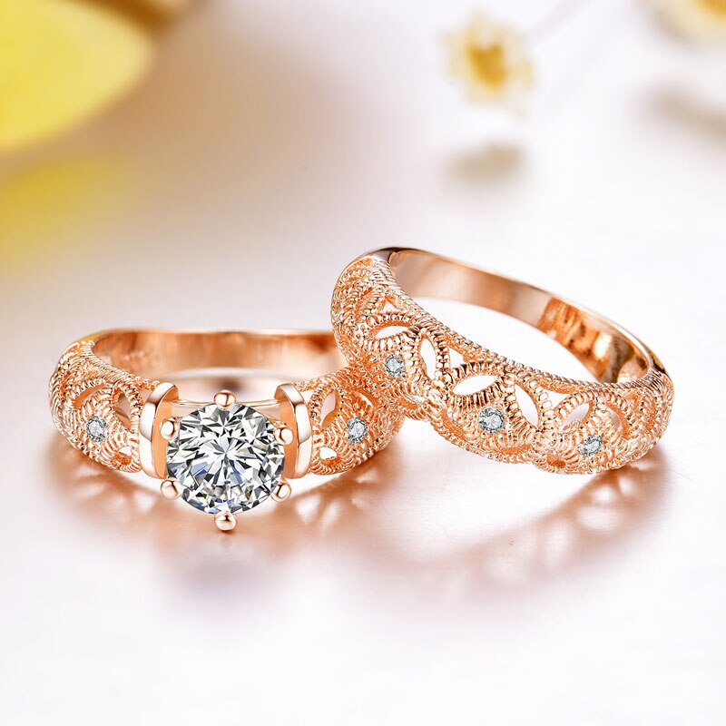 Tocean Rose Gold Color Romantic wedding Double Rings Sets for Women Crown Cubic AAA Zircon Engagement Bijoux Bague Size 6-8 W126: 6 / White