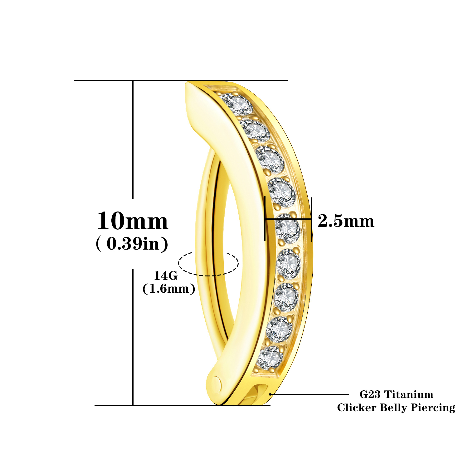 14G G23 Titanium Clicker Navelpiercing, 10/12mm Reverse Gebogen Hoepel Navel Barbell Body Piercing Sieraden: Black Gun Plated