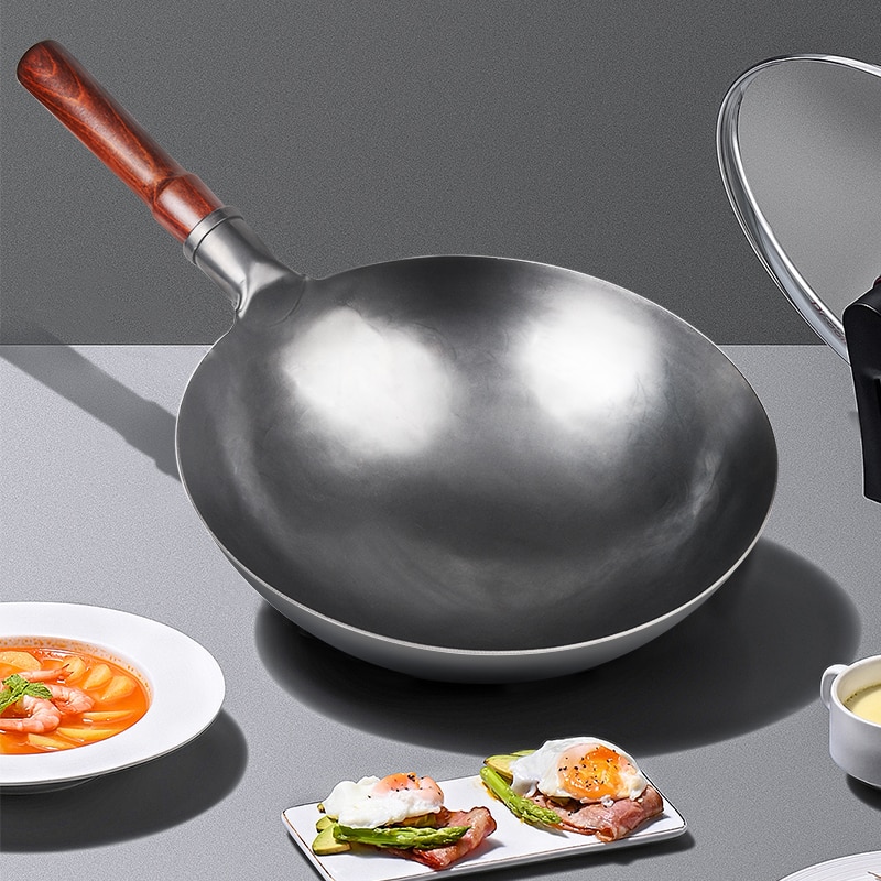 Wok Pan, Geen Chemische, Chinese Traditionele Ijzeren Wok Met Afneembare Houten Handvat, krasbestendig Hand Gehamerd Pan Keuken Cookwar