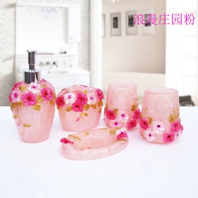 Wedding Bathroom Set- Pink Bathroom Accessories Kit-Red Resin Five-piece Set-Soap Dispenser-Toothbrush Holder: F
