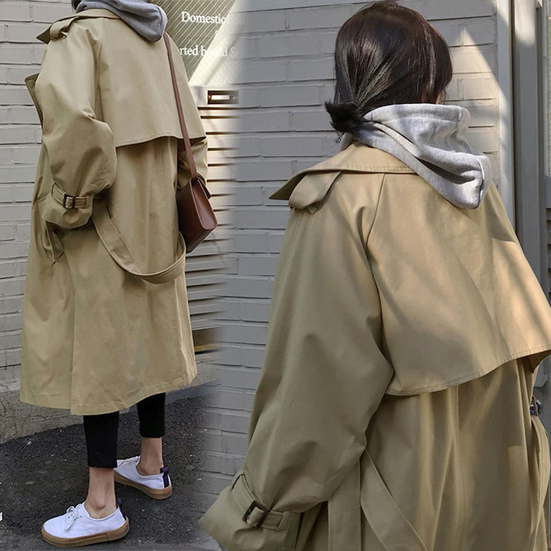 Höst dam trenchcoat ledig oversize dubbelknäppt vintage ytterkläder skärp kvinnlig vindjacka chic kappa vår
