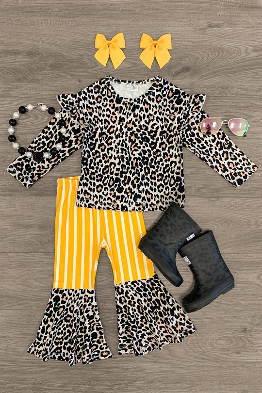 Baby Girl Fall Shirt, Pants Suit, Leopard Printed Round Neck Long Sleeve Ruffle Top, Sports Running Bell Bottoms: 12M