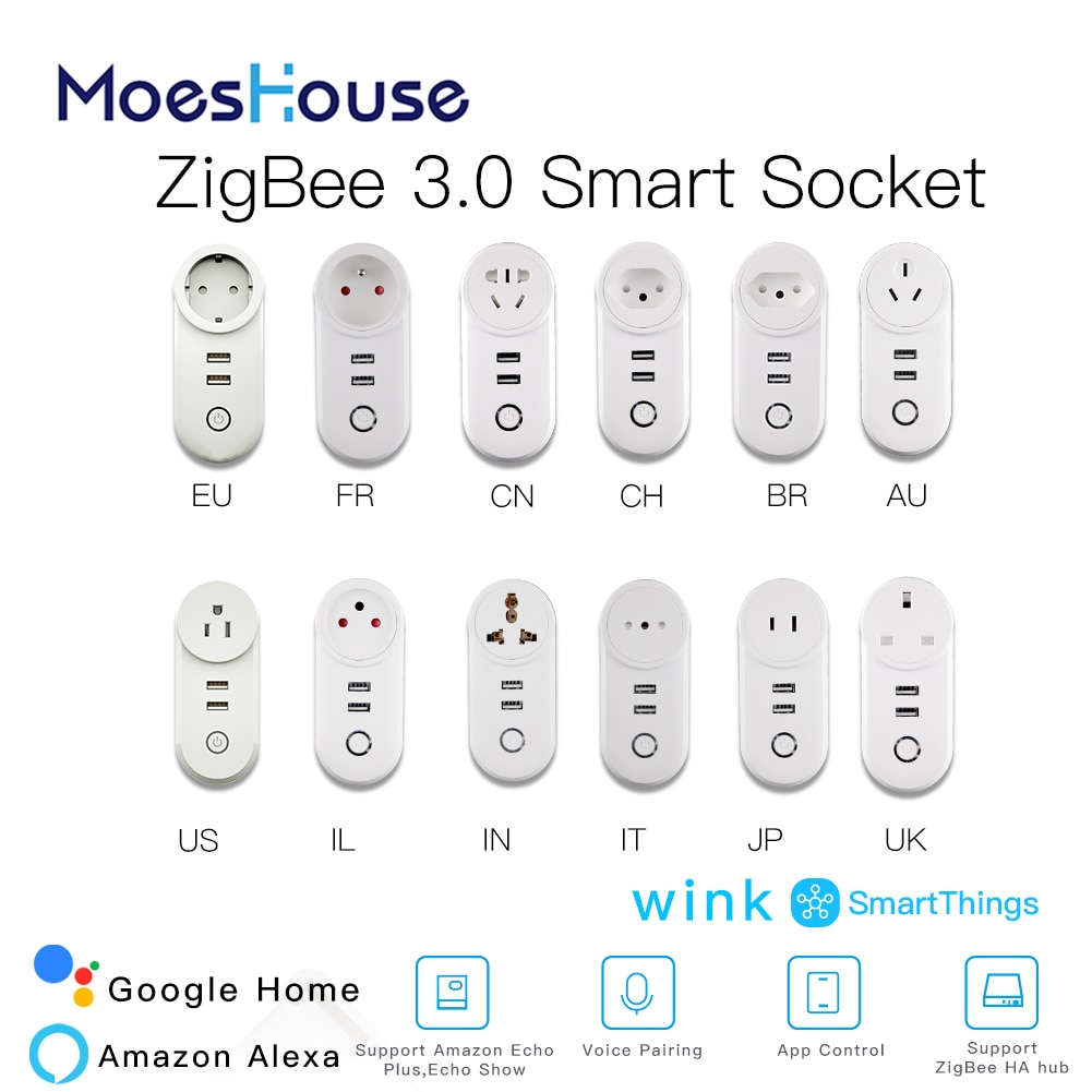 Zigbee 3.0 älykäs pistorasia 2 usb-liitännällä kauko-ääniohjaus toimii smartthings echo plus ja useimmat zigbee hub kanssa