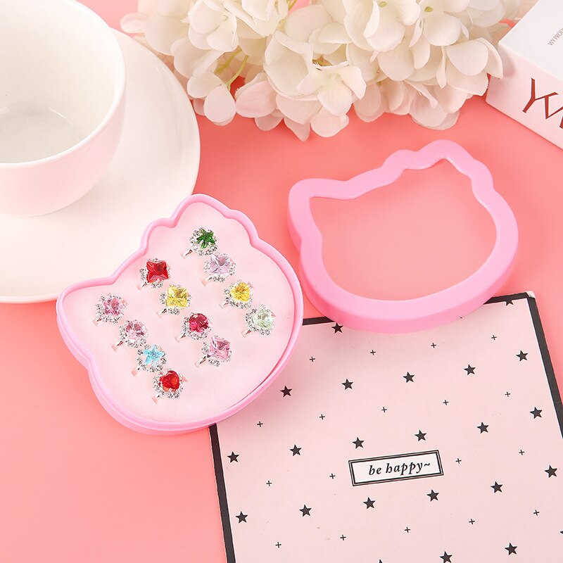 12/8/6Pcs Baby Speelgoed Kat Bunny Vorm Parel Ring Voor Meisjes Kawaii Kids Ringen Legering Kinderen sieraden Accessoires Prinses Ring: cat box 12pcs