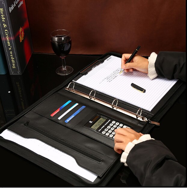 A4 File Folder Notebook Briefcase with Calculator Padfolio PU Leather Binder Manager Document Organizer Classeuer Hand Clip File