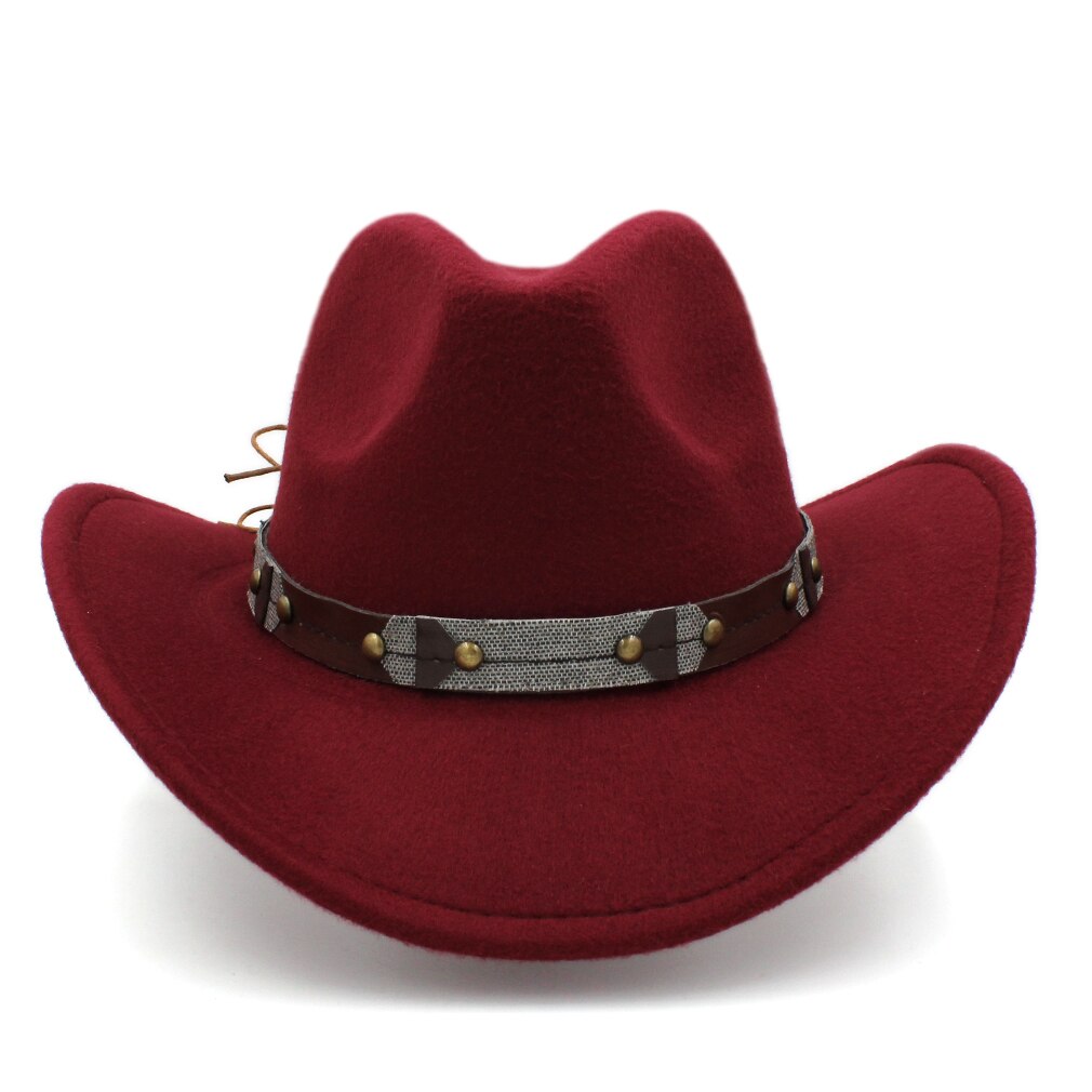Mistdawn-Sombrero de vaquero occidental clásico Retro Unisex, gorra de ala ancha con banda de cuero, tamaño 56-58cm: Wine Red
