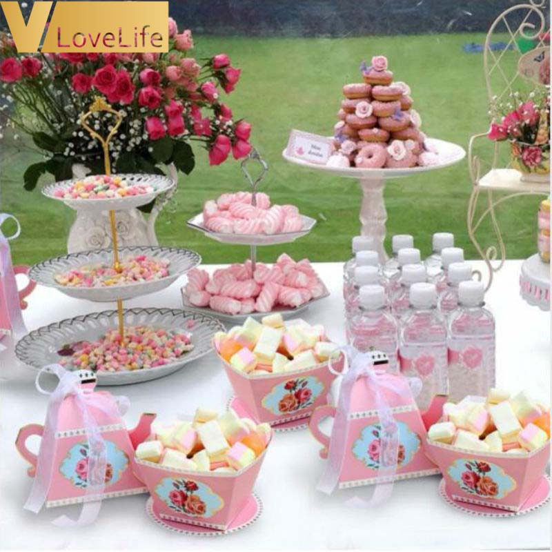 10Pcs Paper Box Pink Blue Tea Cup Teapot Candy Birthday Party Supplies Baby Shower Decoration Packaging Box