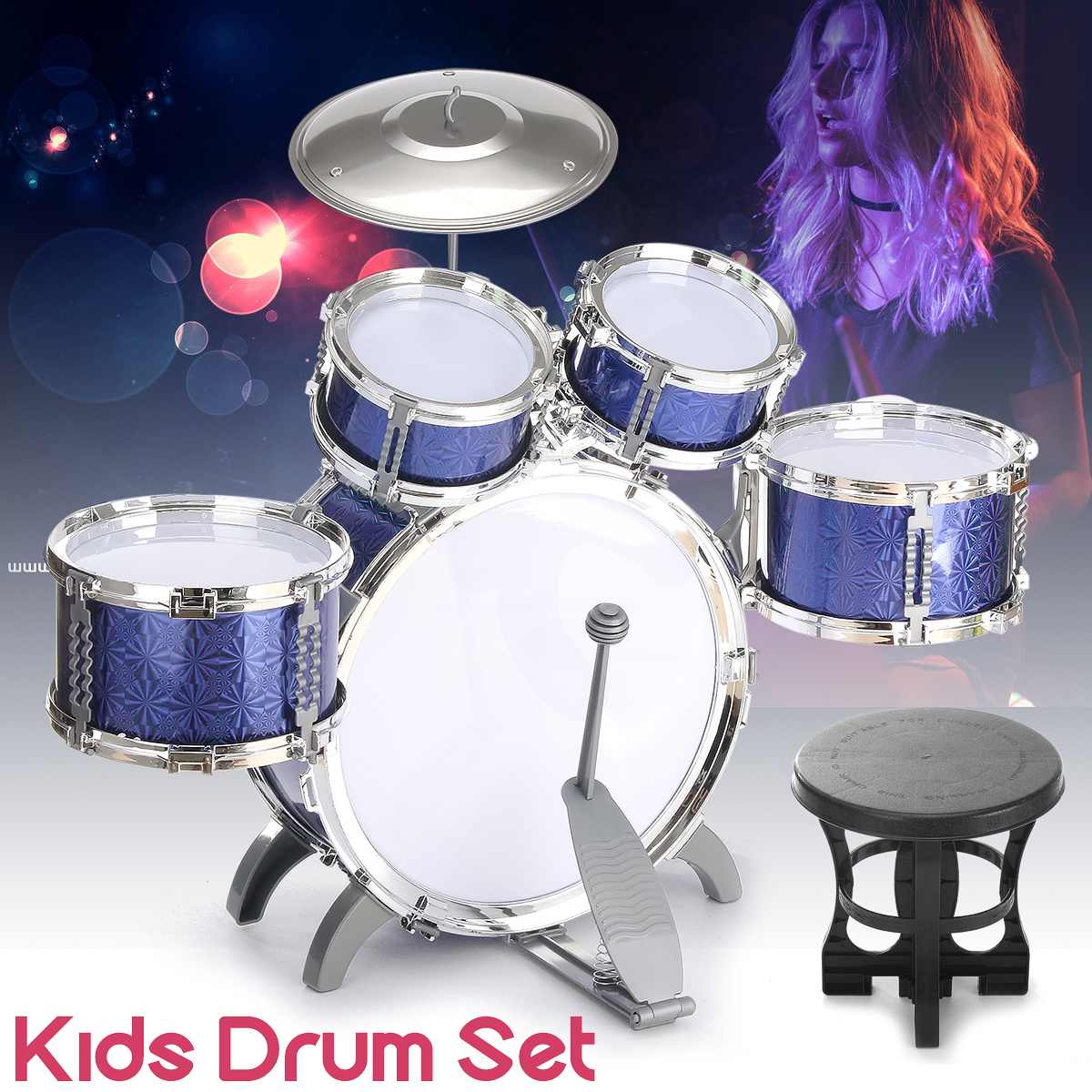 Children Kids Drum Set Kit Musical Educational Toy 5 Drums with Stool Drum Sticks Cymbal Percussion Instruments for Kids