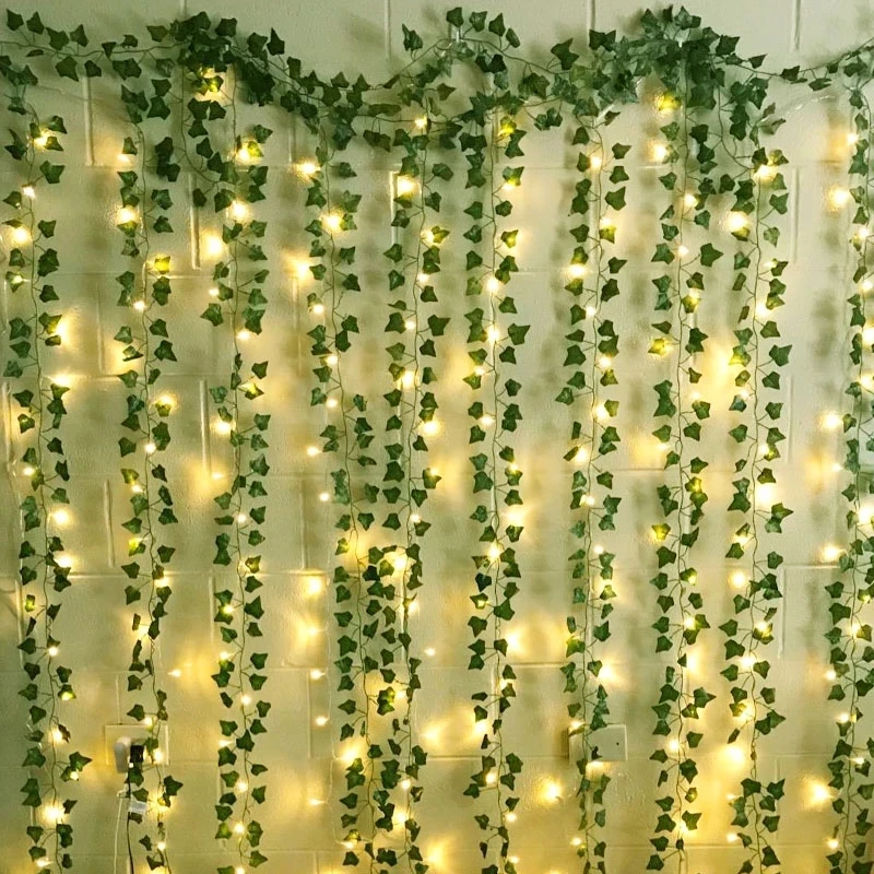 Hojas de seda, enredadera falsa, hoja verde, vid de hiedra con luces LED, guirnalda colgante para de boda en casa, flor Artificial