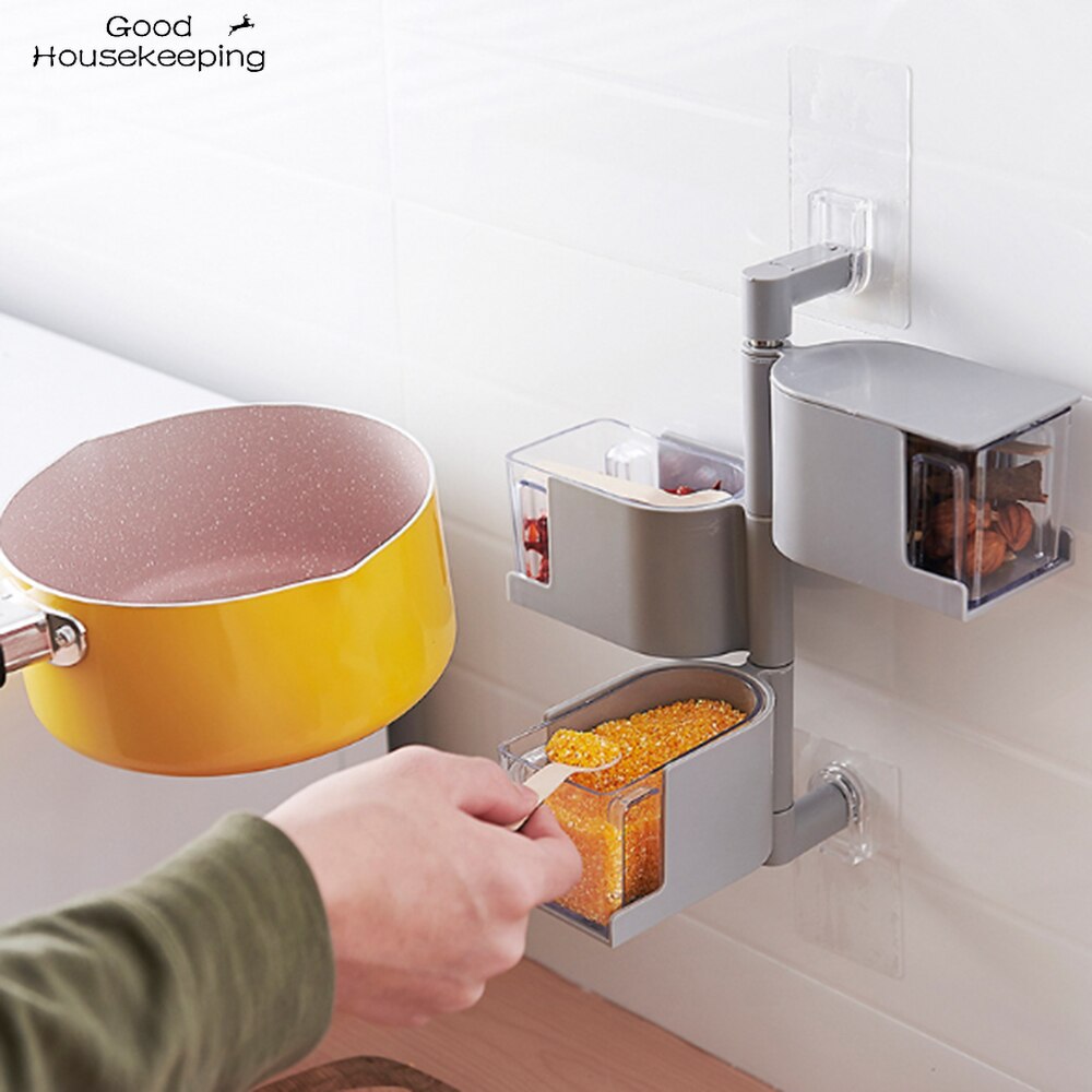 Multi-Tier 360 Degree Rotating Wall Mount Spice Rack Seasoning Storage Box Jars Organizer Condiment Containers Kitchen Tools