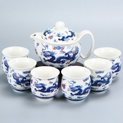 Kung fu te sæt, keramisk tekande dragt, blå og hvid porcelæn serie, anti skold dobbelt lag kop, japansk stil te sæt: E