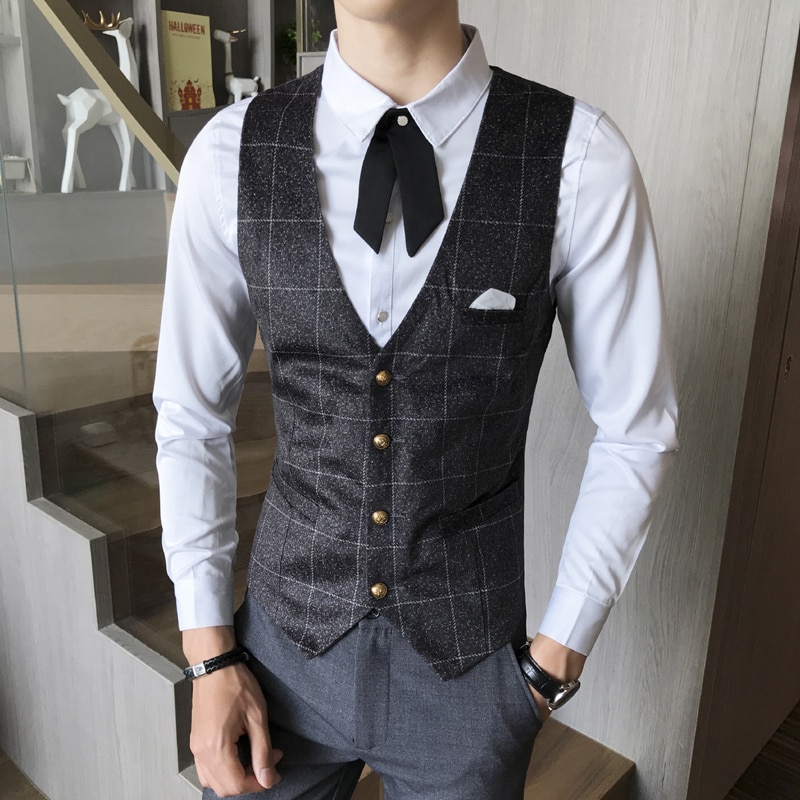 Plaid Suit Dress Vest For Men Casual Slim Fit Waistcoat Mens Formal Business Wedding Tuxedo Gilet Homme Chalecos Para Hombre: XXL